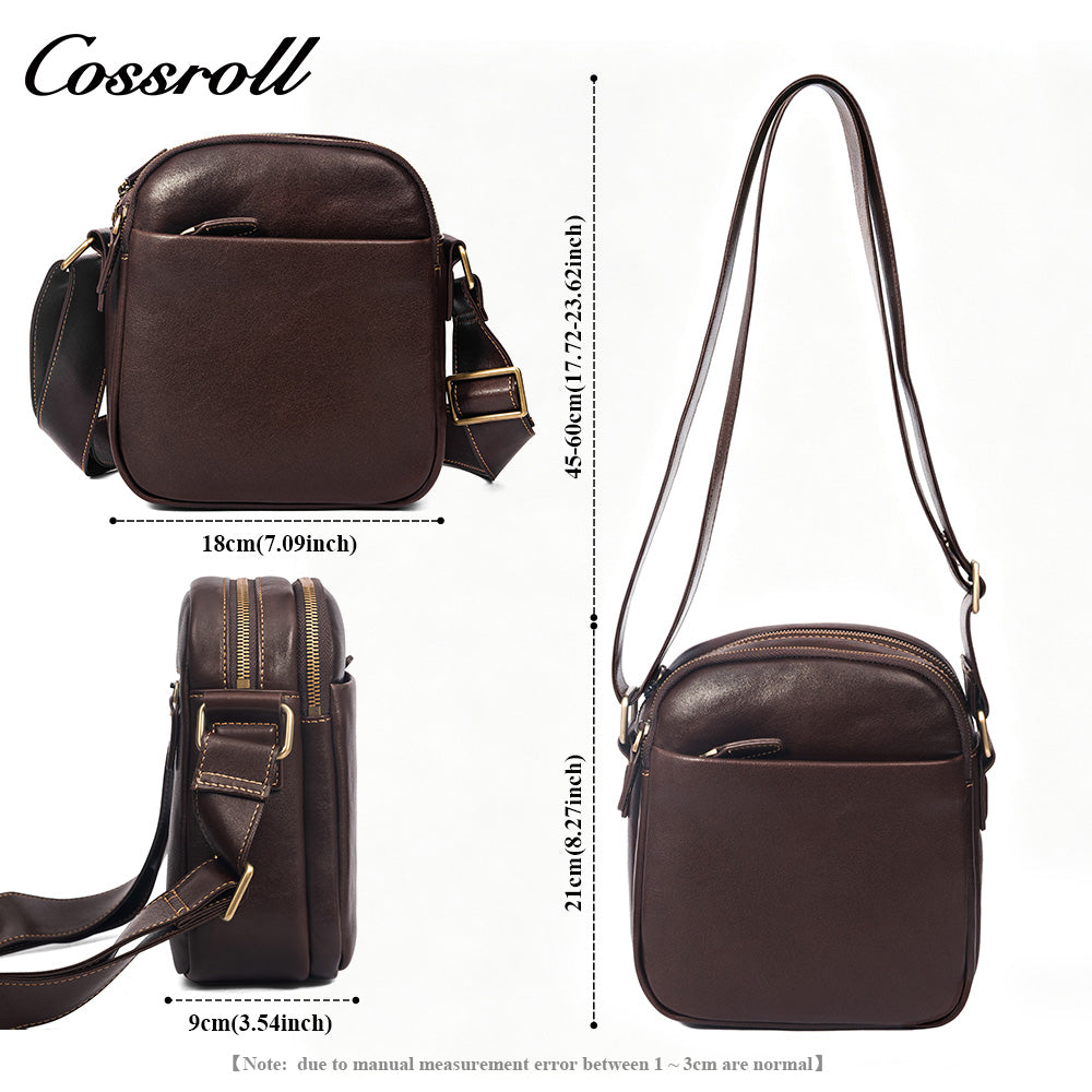 Men's Full Grain Leather Crossbody Bag, Multi-compartment Zipper Genuine Leather Shoulder Bag, Casual Everyday Carry Sling Bag