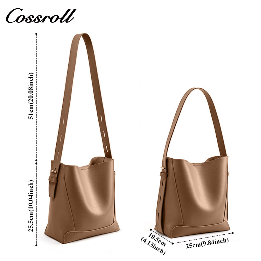 Head layer cowhide bucket bag shoulder bag simple fashion pure color commuter bag