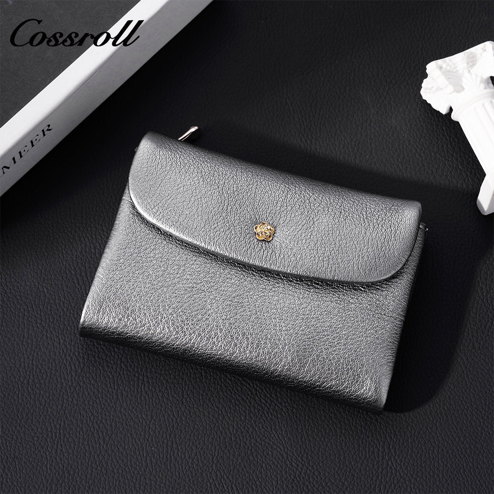 Cossroll women's cross-border genuine leather wallet, with gold floral decoration, retro glossy large capacity