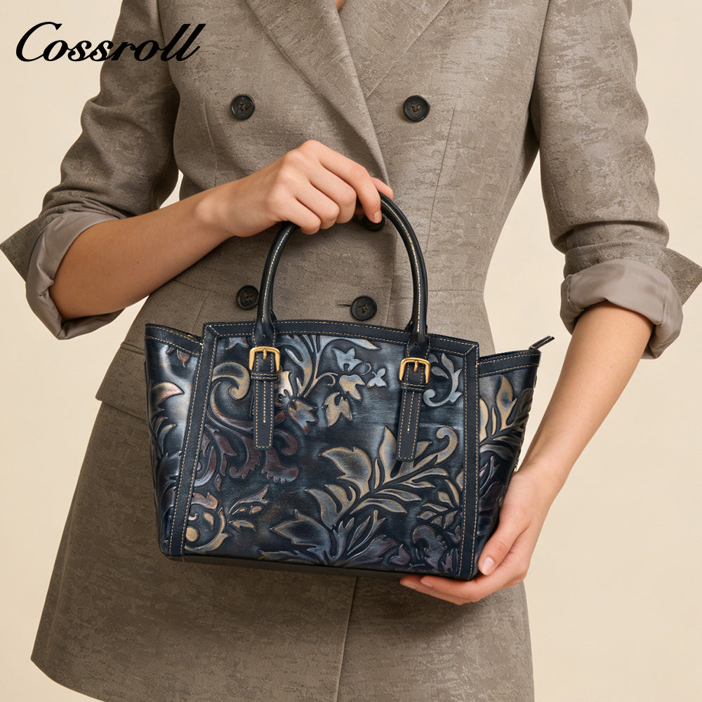 Vintage Embossed Leather Tote Bag for Women, Large Capacity Handbag & Crossbody Bag, Premium Hand-Carved Commuter Bag