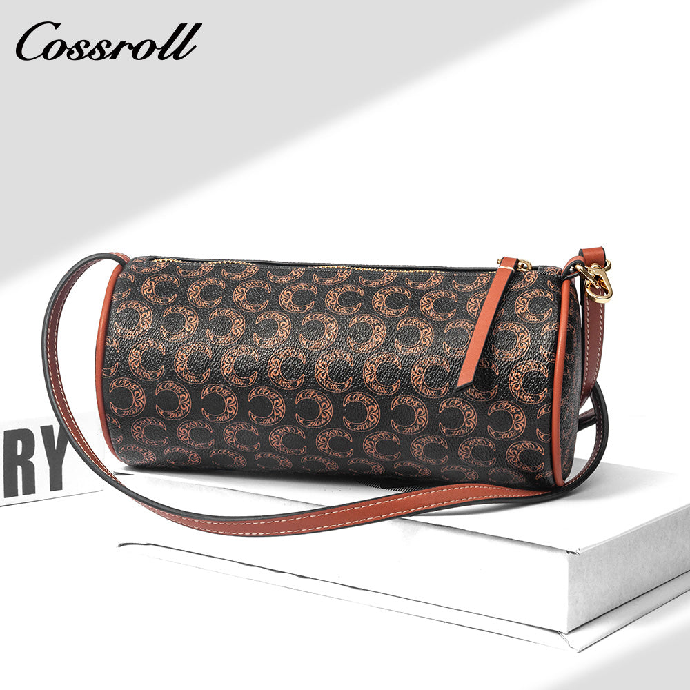 Women Vintage C Monogram Cylinder Bag, Genuine Leather Dual-use Shoulder & Crossbody Barrel Purse