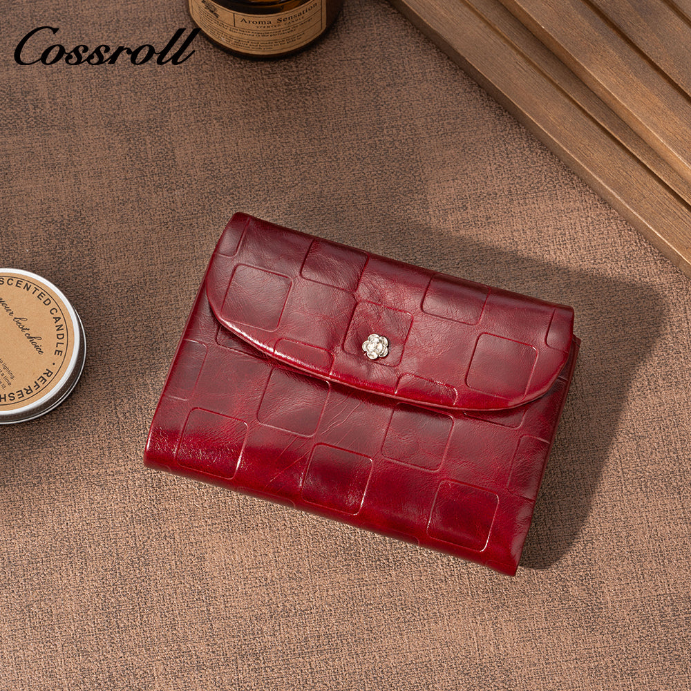 Genuine Leather Women's Wallet, Short Waxed Leather, Multiple Card Slots, ID and Coin Purse