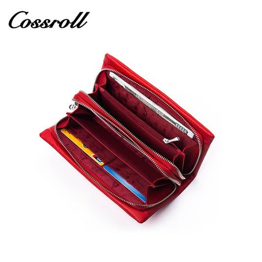 Cossroll Double Zip Lychee Real Leather Wallets Manufacturer