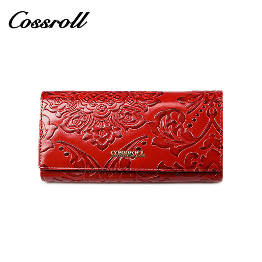 Flower Debossed Clutch Lady Long Cowhide Leather Wallet Manufacturer