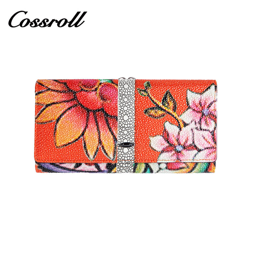 Flower Print Lady Long Cowhide Leather Wallet Manufacturer