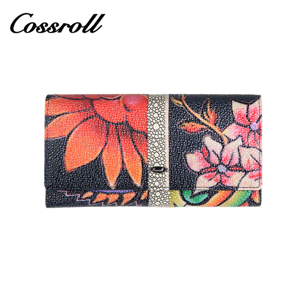 Cossroll Flower Print Long Cowhide Leather Wallet Manufacturer