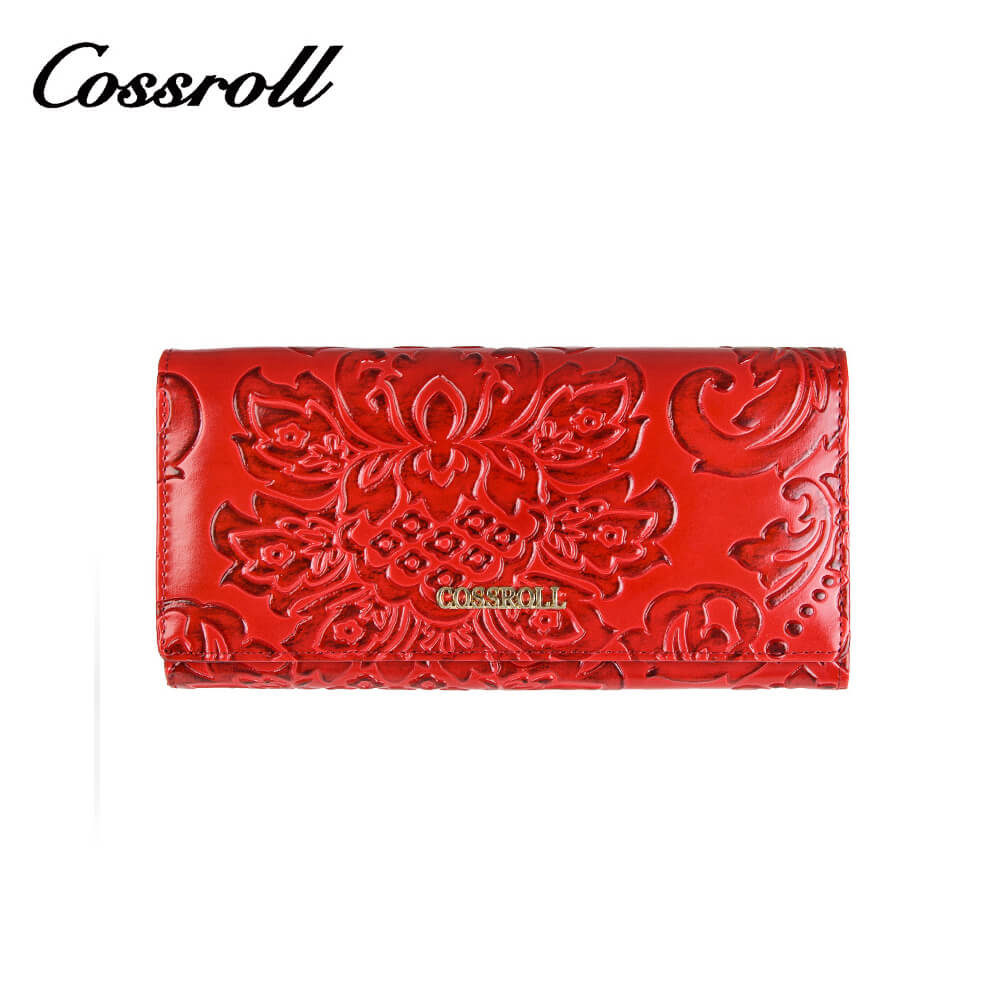 Cossroll Flower Debossed Long Cowhide Leather Wallet Manufacturer