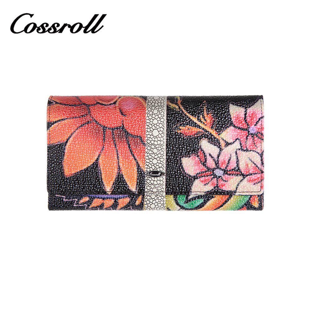 Flower Print Bifold Long Cowhide Leather Wallet