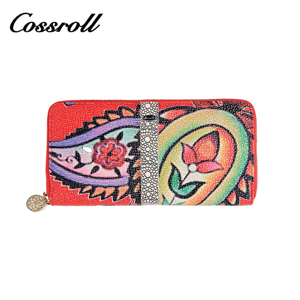 Round Zip Long Flower Print Leather Wallets