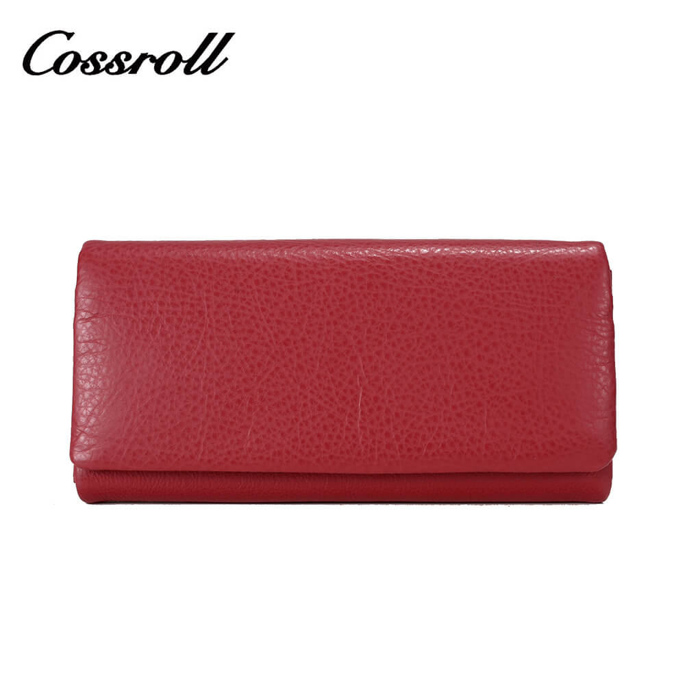 Women Bifold Long Cowhide Lychee Leather Wallet