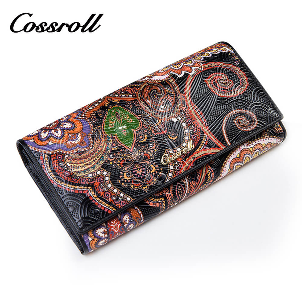 Vintage Floral Lady Long Cowhide Leather Wallets