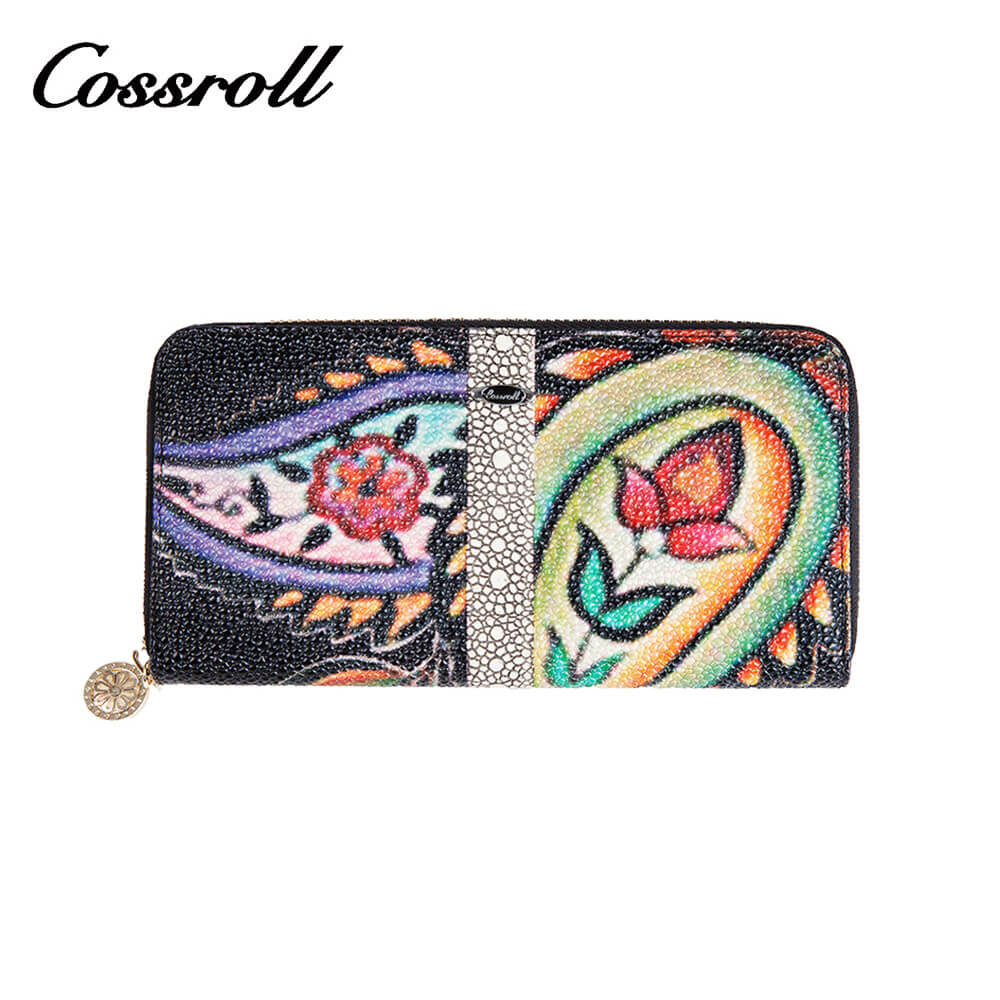 Round Zip Long Flower Print Leather Wallets