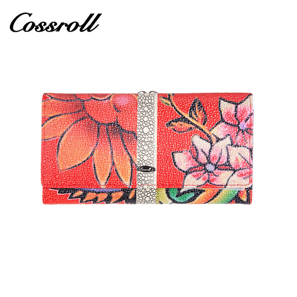 Flower Print Lady Long Cowhide Leather Wallet Manufacturer