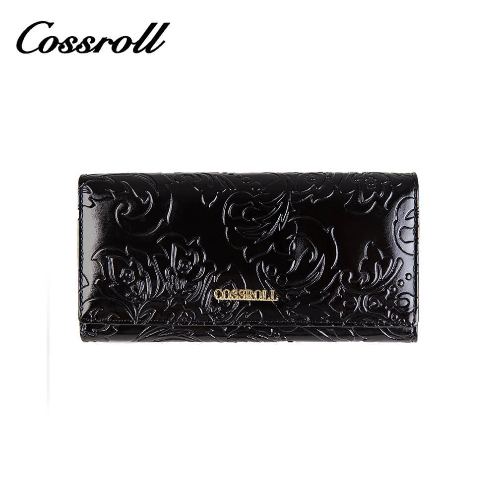 Flower Debossed Long Cowhide Leather Wallet