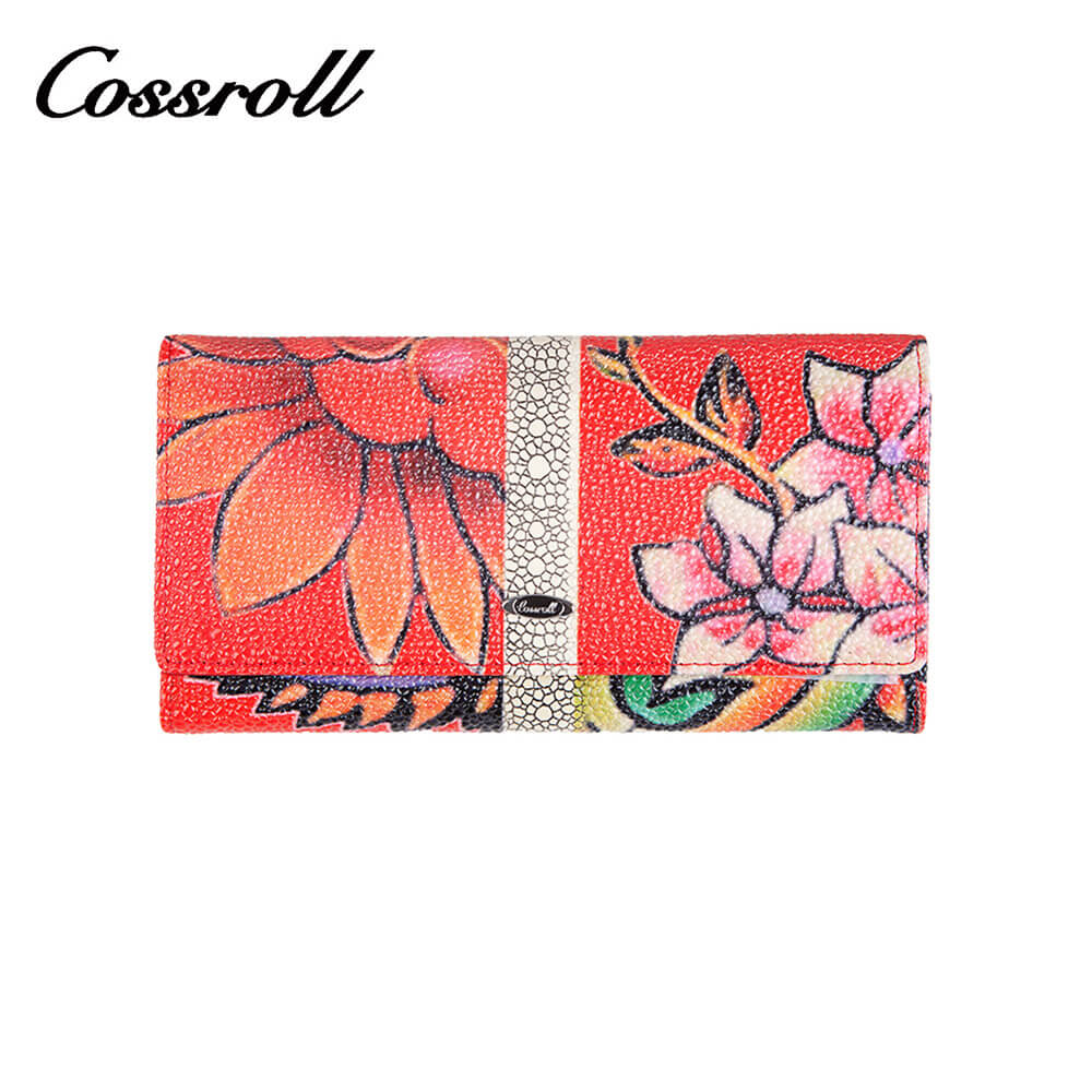 Cossroll Flower Print Long Cowhide Leather Wallet Manufacturer