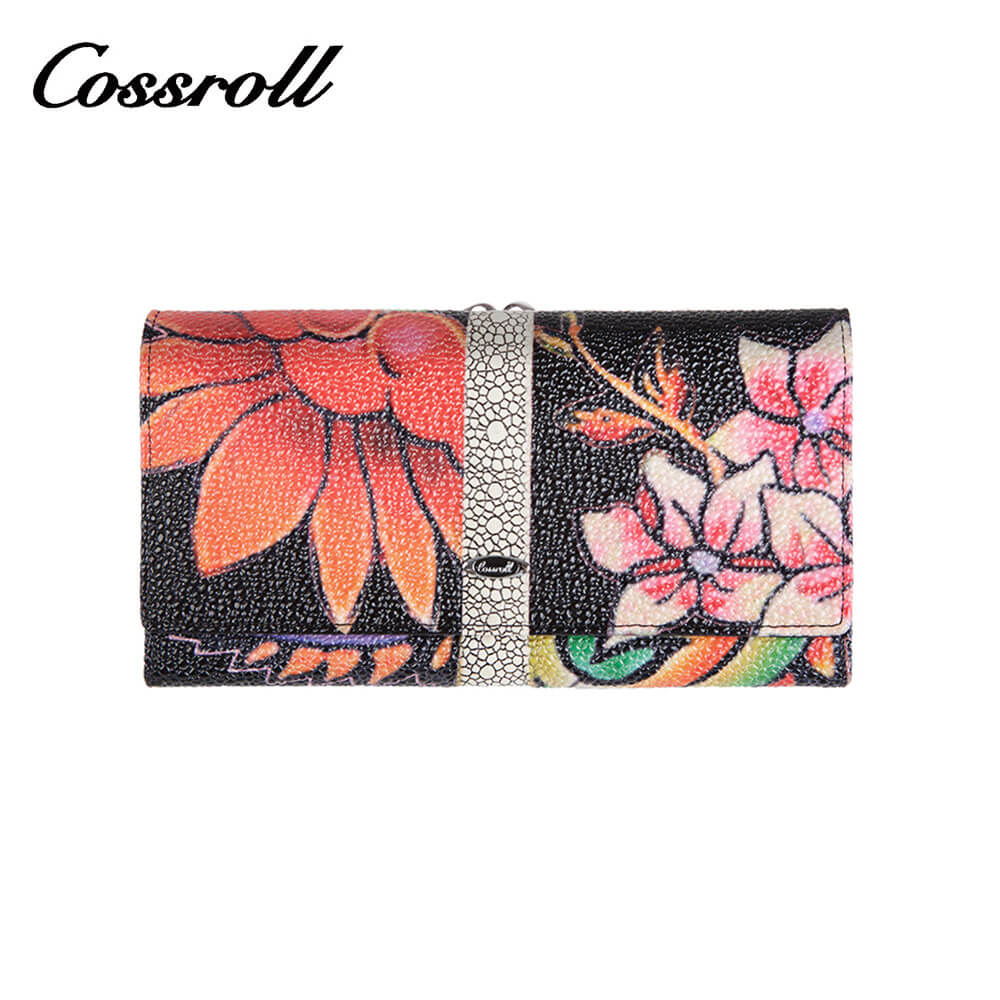 Flower Print Lady Long Cowhide Leather Wallet Manufacturer