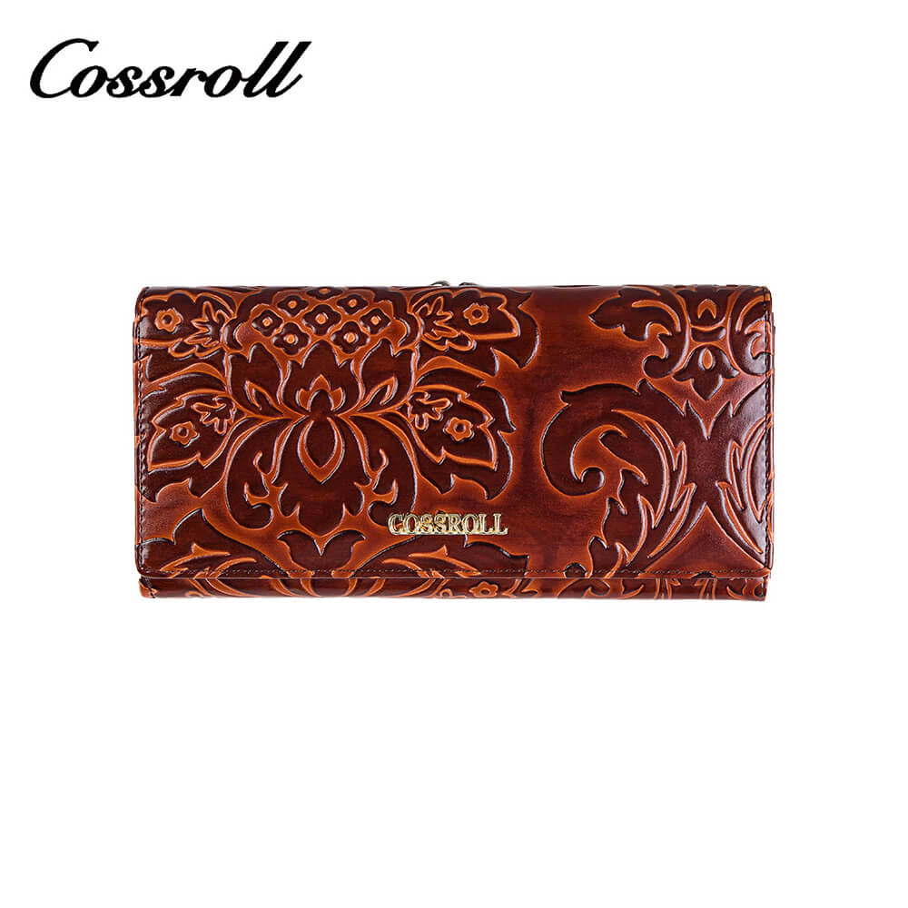 Flower Debossed Clutch Lady Long Cowhide Leather Wallet Manufacturer