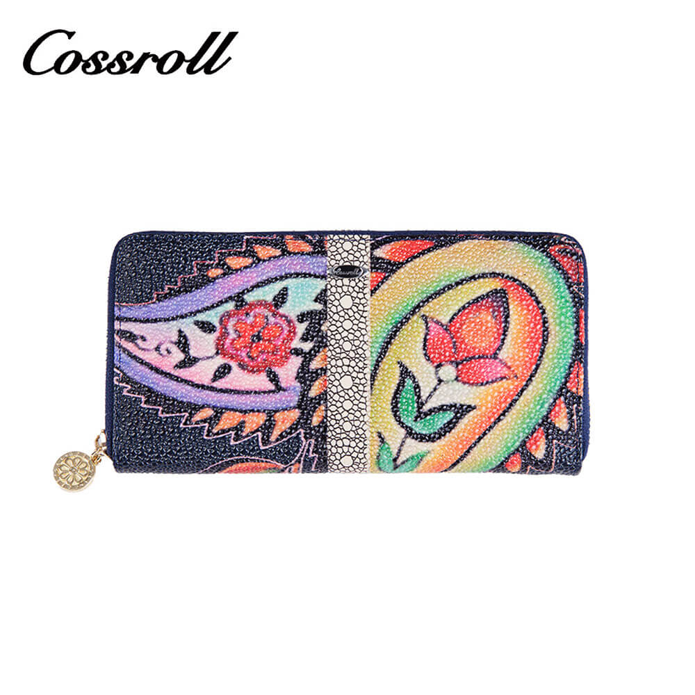 Round Zip Long Flower Print Leather Wallets