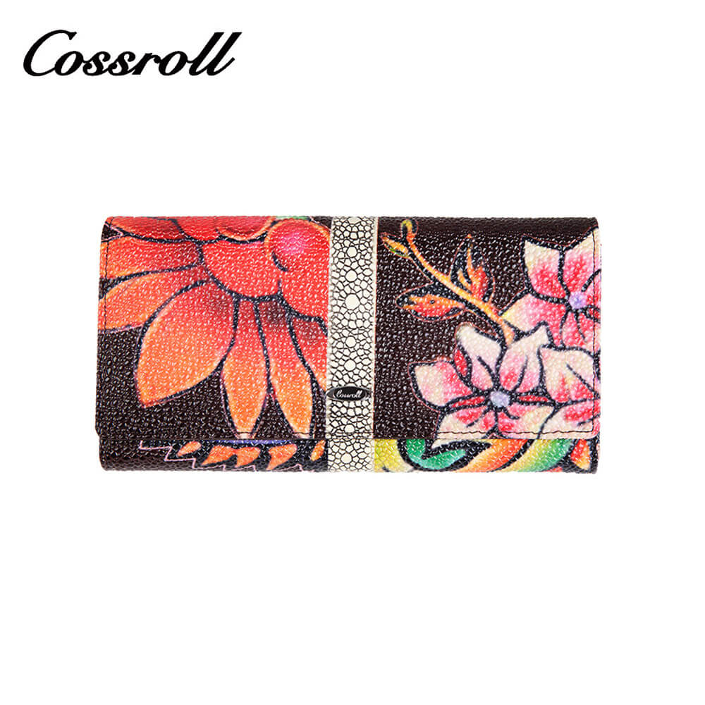 Cossroll Flower Print Long Cowhide Leather Wallet Manufacturer