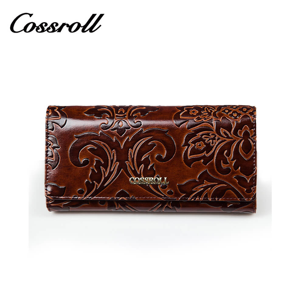 Cossroll Flower Debossed Long Cowhide Leather Wallet Manufacturer