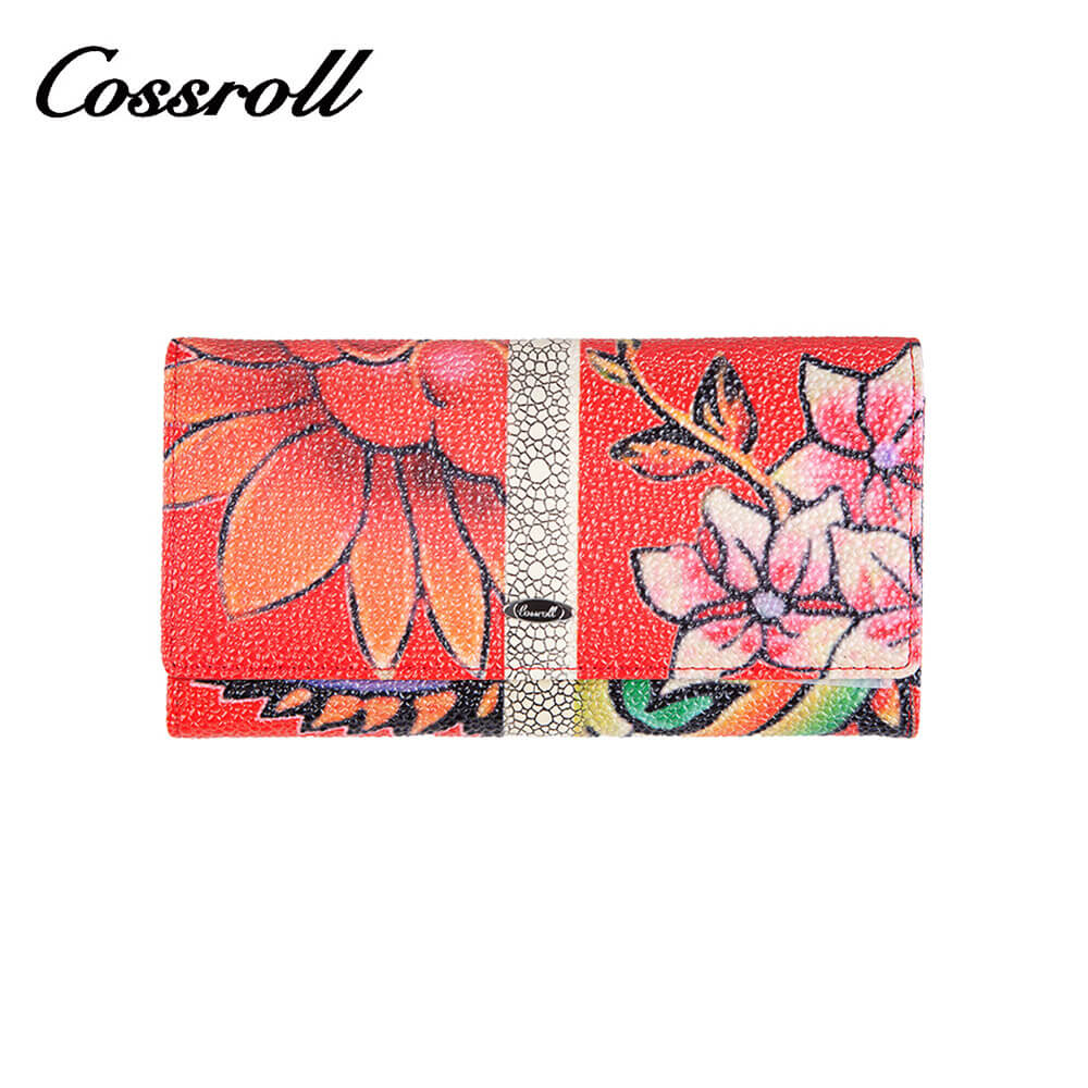 Flower Print Bifold Long Cowhide Leather Wallet