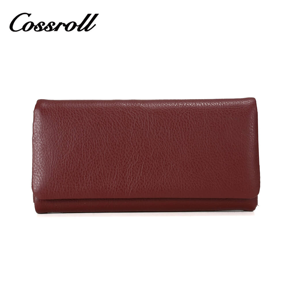 Women Bifold Long Cowhide Lychee Leather Wallet