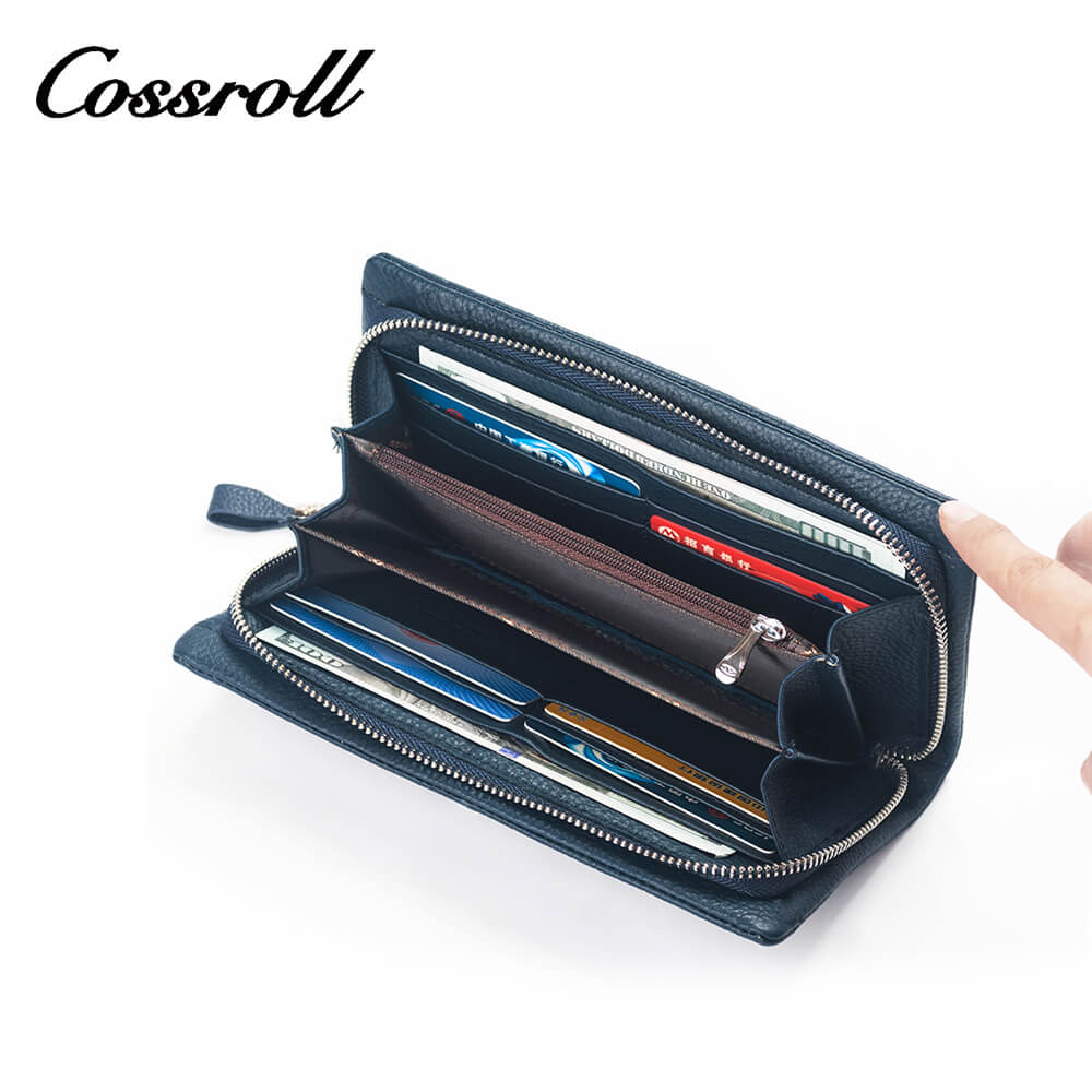 Cossroll Doulbel Zipper Cowhide Leather Wallets Manufacturer