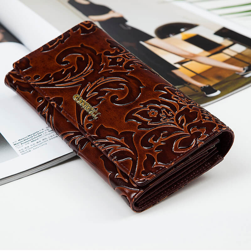 Cossroll Flower Debossed Long Cowhide Leather Wallet Manufacturer