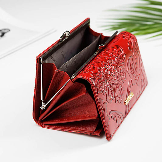 Flower Debossed Clutch Lady Long Cowhide Leather Wallet Manufacturer