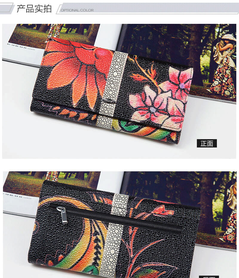 Cossroll Flower Print Long Cowhide Leather Wallet Manufacturer