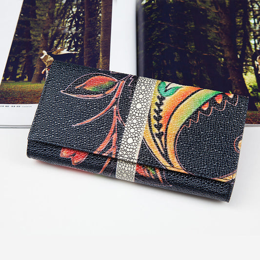 Flower Print Bifold Long Cowhide Leather Wallet