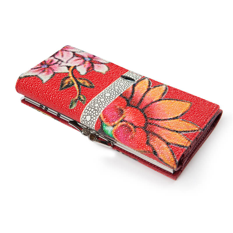 Flower Print Lady Long Cowhide Leather Wallet Manufacturer