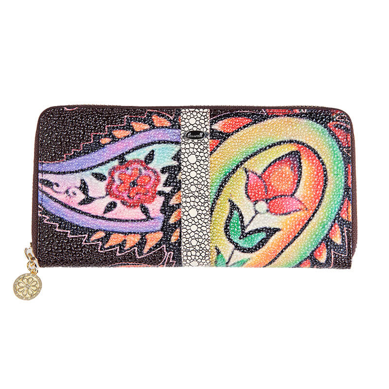 Round Zip Long Flower Print Leather Wallets