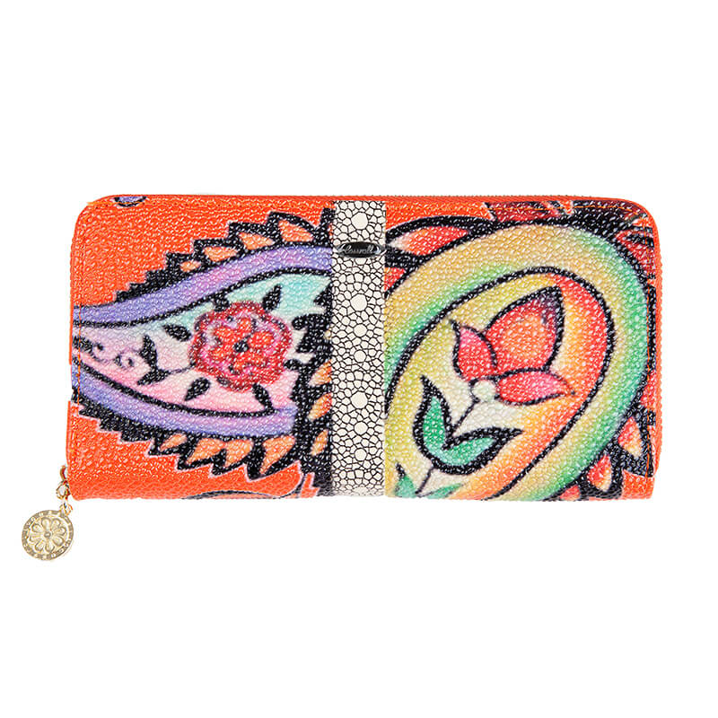 Round Zip Long Flower Print Leather Wallets