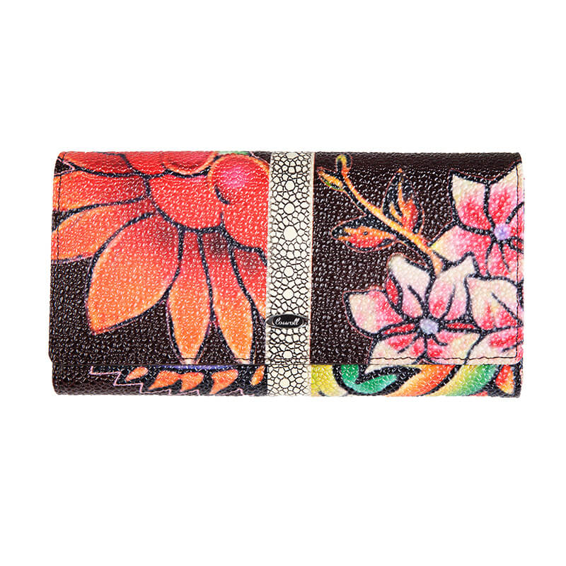 Flower Print Bifold Long Cowhide Leather Wallet