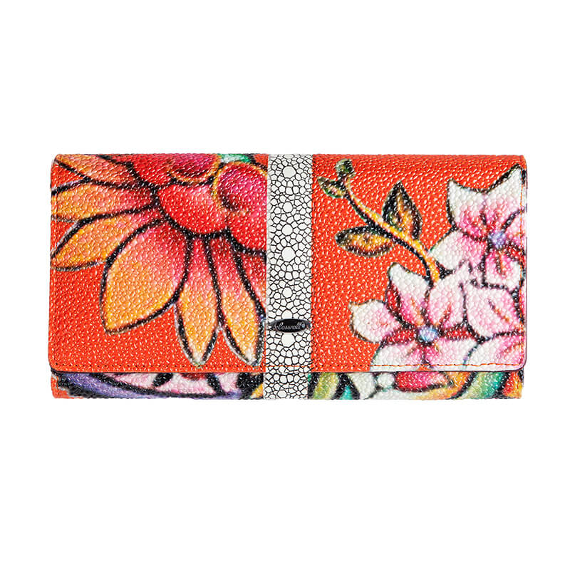 Flower Print Bifold Long Cowhide Leather Wallet