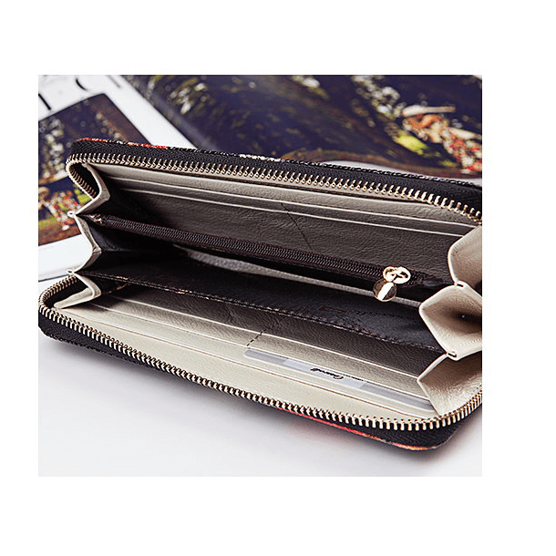 Round Zip Long Flower Print Leather Wallets